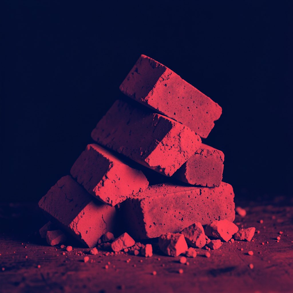 Duotone thumbnail of a stack of bricks mid-collapse, coral highlights on navy shadow