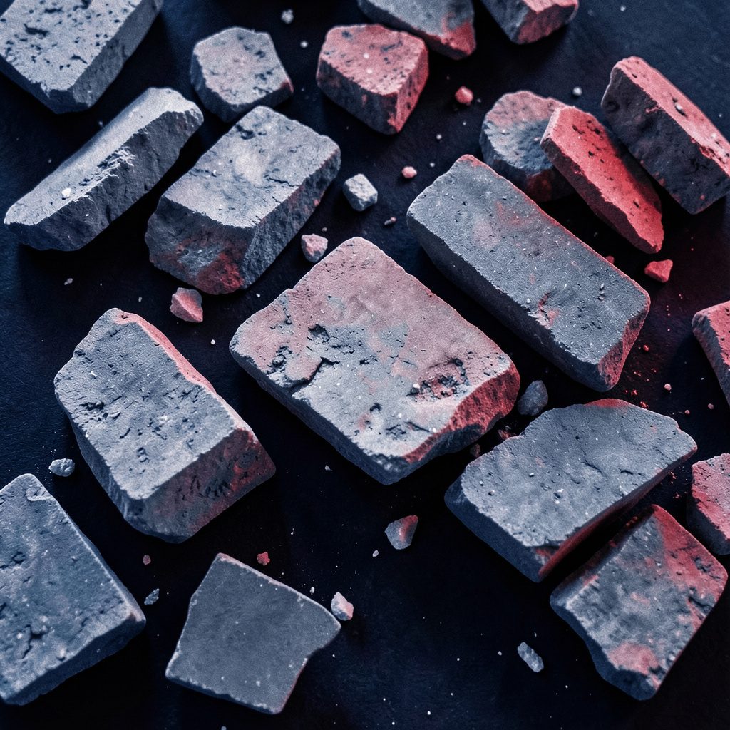 Duotone thumbnail of broken brick fragments scattered on a dark surface, deep navy and pale gray tones