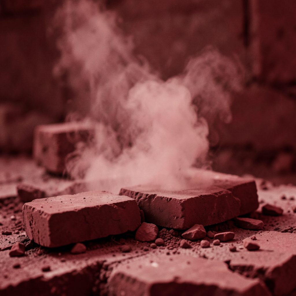 Duotone thumbnail of dust rising from a freshly broken brick, atmospheric and minimal