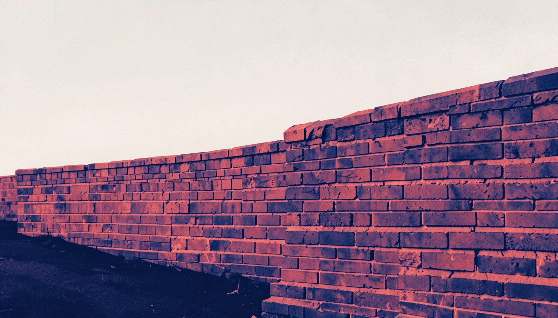 Wide duotone photograph of a long row of bricks against a pale sky, rendered in navy and warm coral as a hard two-tone image